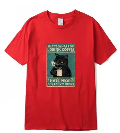 Unisexs Tshirt High Quality Cotton Blend Funny Cat Drinking Coffee Printing Summer Casual Cool Loose Unisex Oneck Tshirt Male Tops