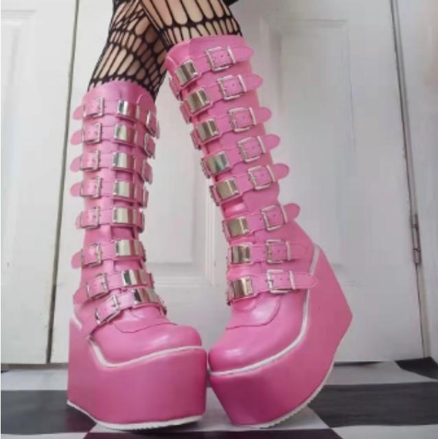 2026 New Women's Boots Fashion Platform Leather Knight Boot Cosplay Punk Shoes Gothic Classic Ladies Black Heels Knee-High Shoes