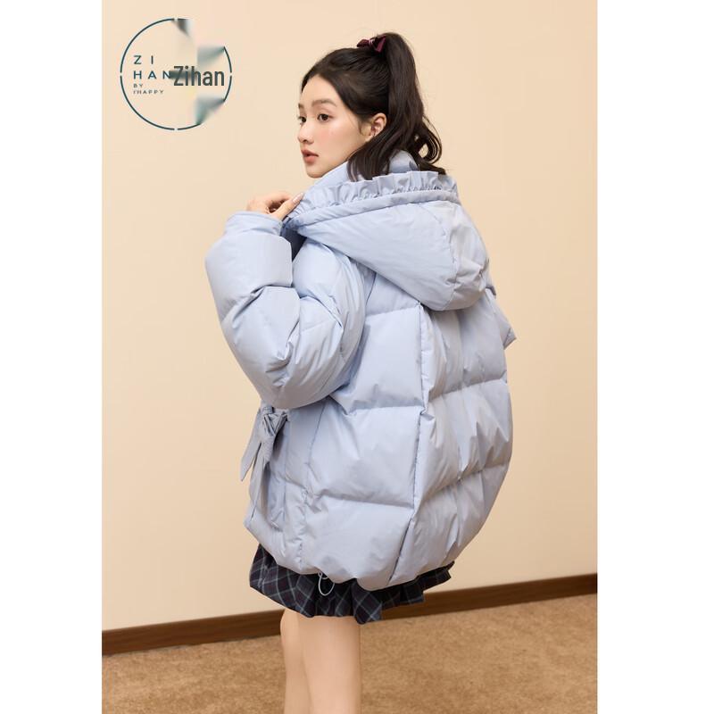 ZIHAN Women's Sweet Bow Stand-Collar Hooded Short Down Jacket