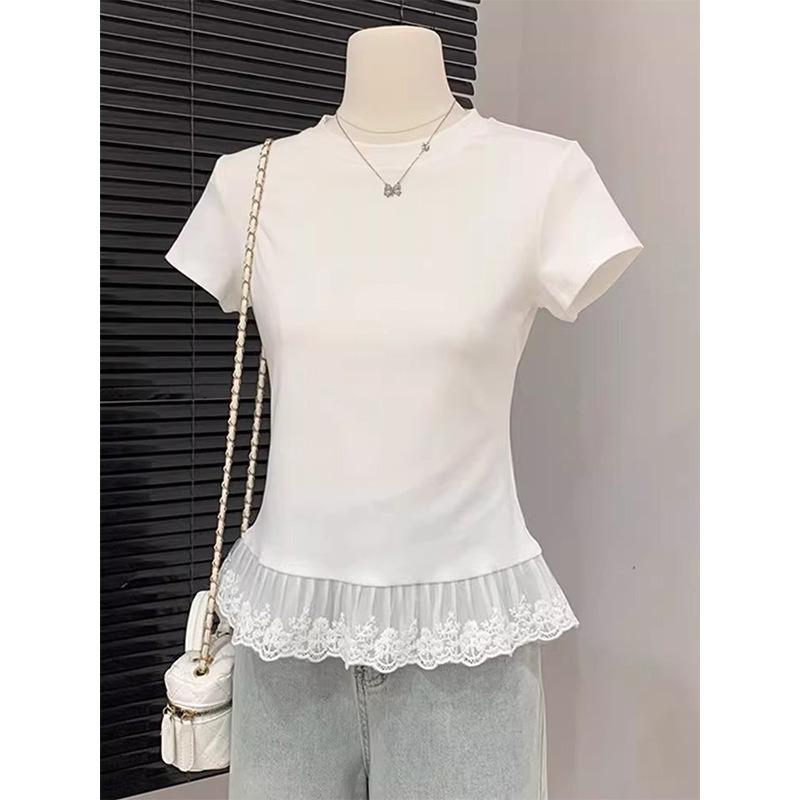 Women Sweet Lace Hem Short Sleeve Slim Fit Solid Casual T Shirt Top