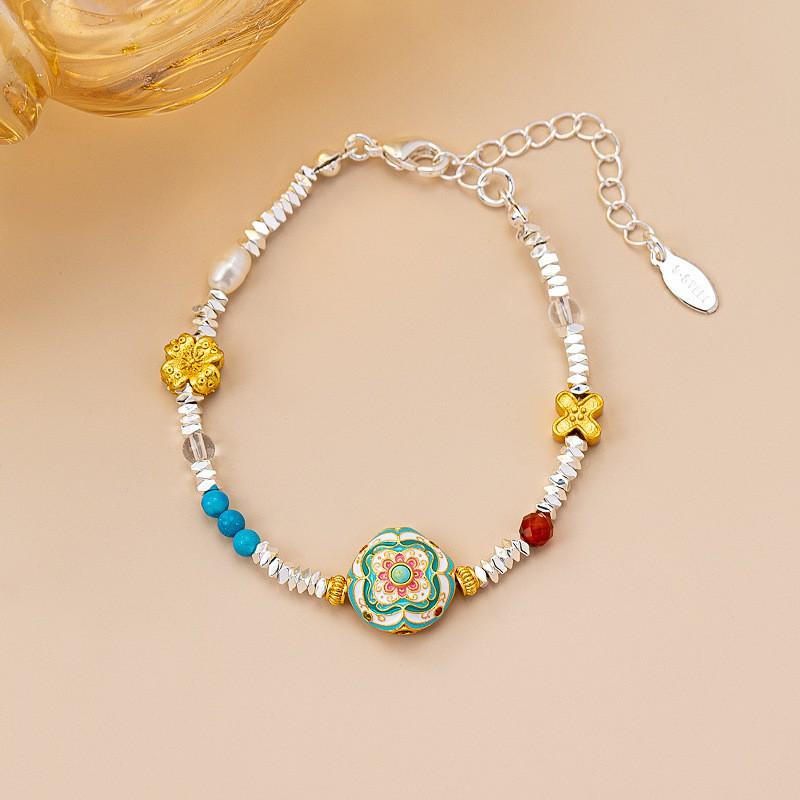 Handmade Floral Beaded Necklace Bracelet Set Copper Enamel Stone Jewelry Women Teens Daily Wear Bracelet