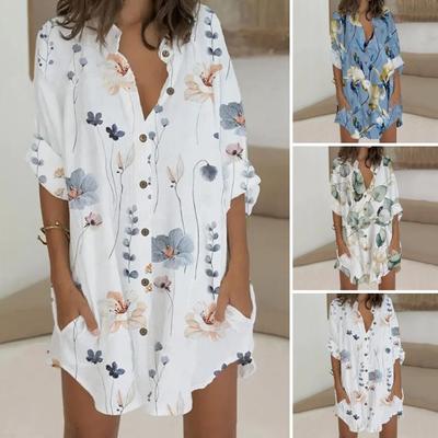 Summer Women Dress Turn-down Collar V Neck Lapel Long Sleeve Pockets Floral Print Loose Single-breasted Casual Loose Daily Wear Dating Mini Dress