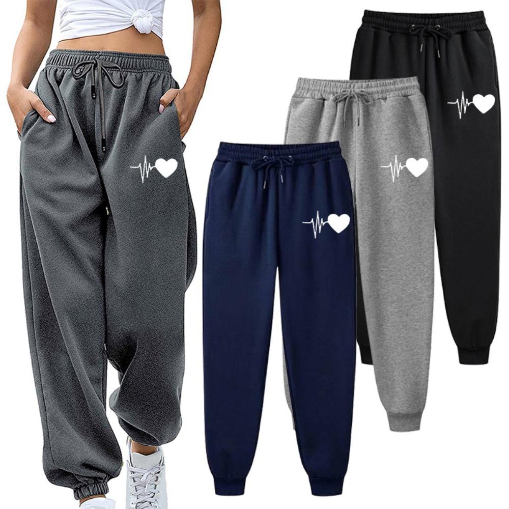 ECG Heartbeat&Love Symbol Printed Women's Jogging Pants, Loose Casual Sports Pants, Comfortable Elastic Waist Design