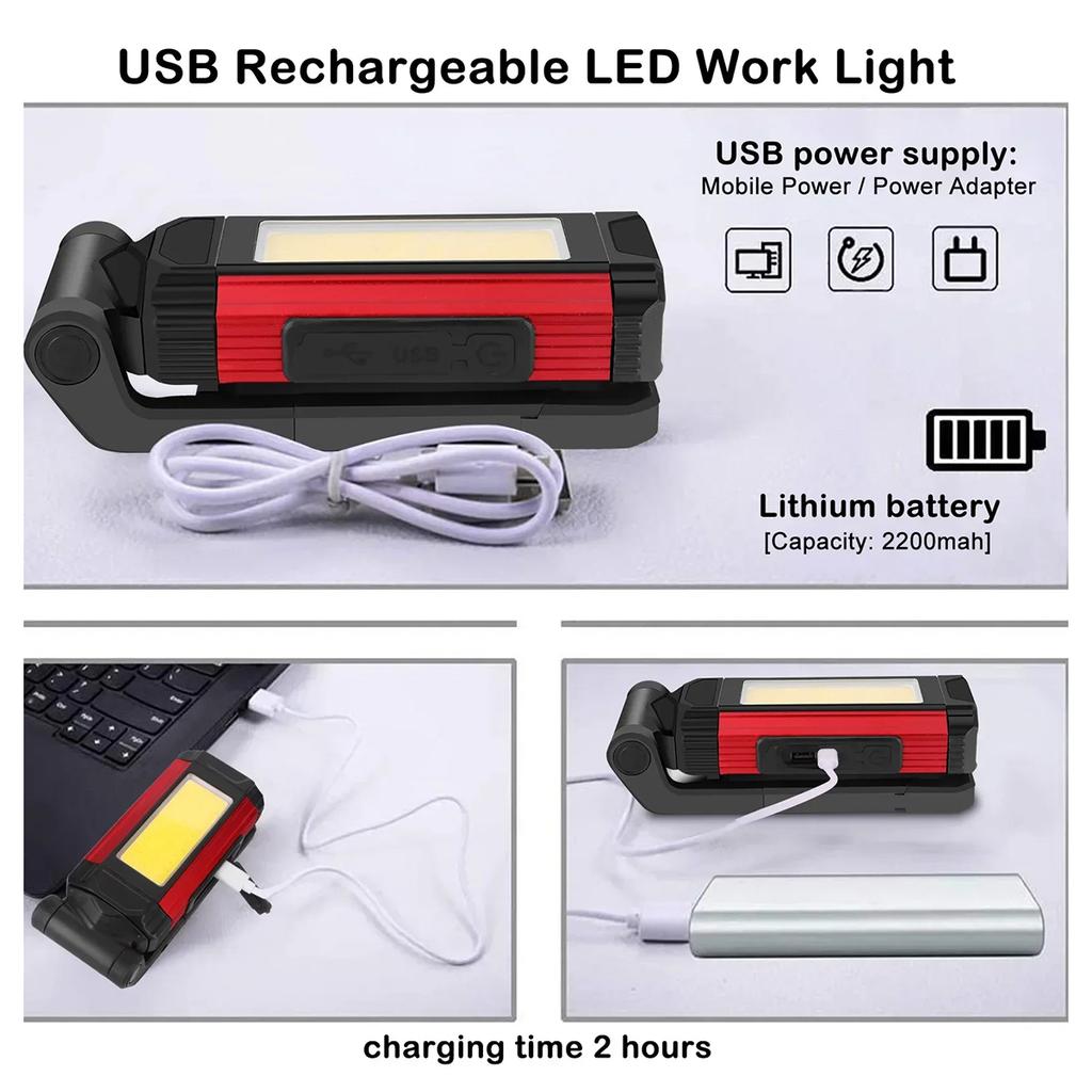 Led Work Light 10w Foldable Rechargeable Magnetic Flashlight Waterproof Flashlights Usb-cob Lamp With Hook Outdoor 6500k Lantern