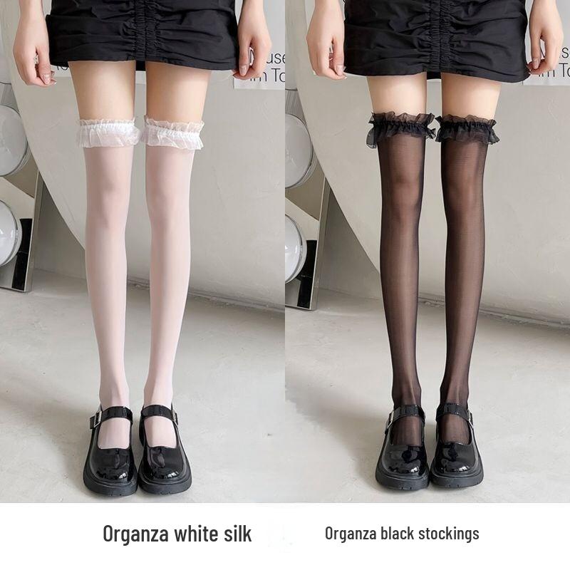 Damen Schwarze Netzstrümpfe mit Schleife und Spitze Überknie - Dünn, Sexy und Schlankmachend