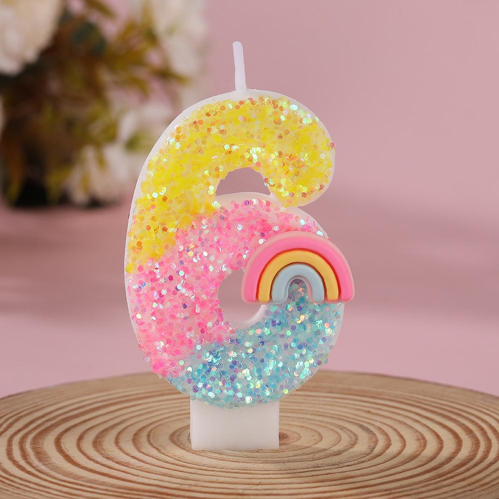Rainbow Glitter Number Candles for Children's Birthday Cake, 0-9 Toppers