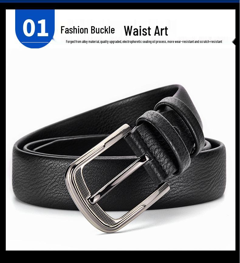 Men's Genuine Leather Pin Buckle Belt, Lychee Pattern, 3.8cm Wide, Fashionable and Versatile for Jeans