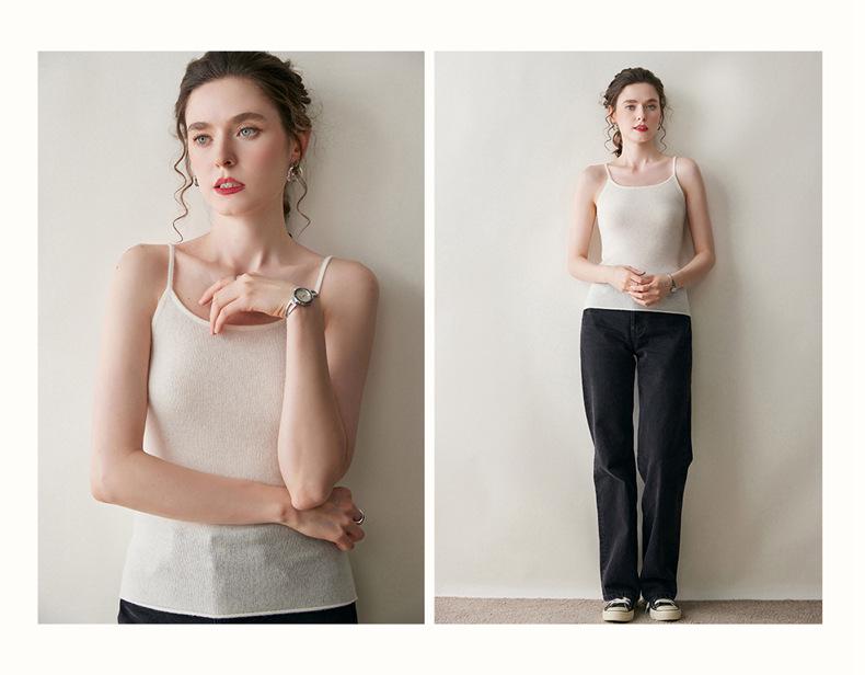 Kašmírově šedé tílko na špagetová ramínka pro ženy - Slim střih, hřejivá vlněná vesta na jaro, podzim, zimu