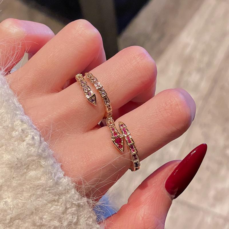 Medieval Full Diamond Zircon French Retro Snake Open Ring Women'S Light Luxury High Sense Exquisite Temperament Ring