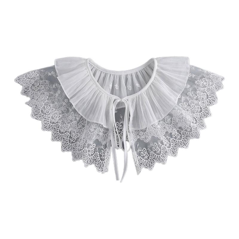Royal Style Cotton Fake Collar Shawl Wrap Hollow Out Floral Lace Ruffled Trim Necklace Pointed  Lapel Blouse Dropshipping