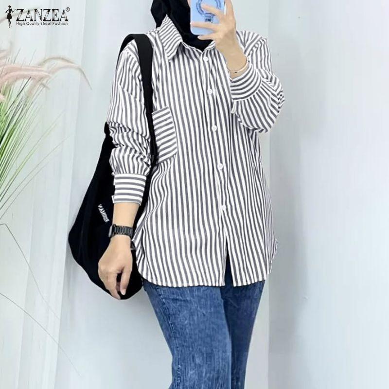 ZANZEA Women Casual Turn Down Collar Long Sleeve Stripe Blouse
