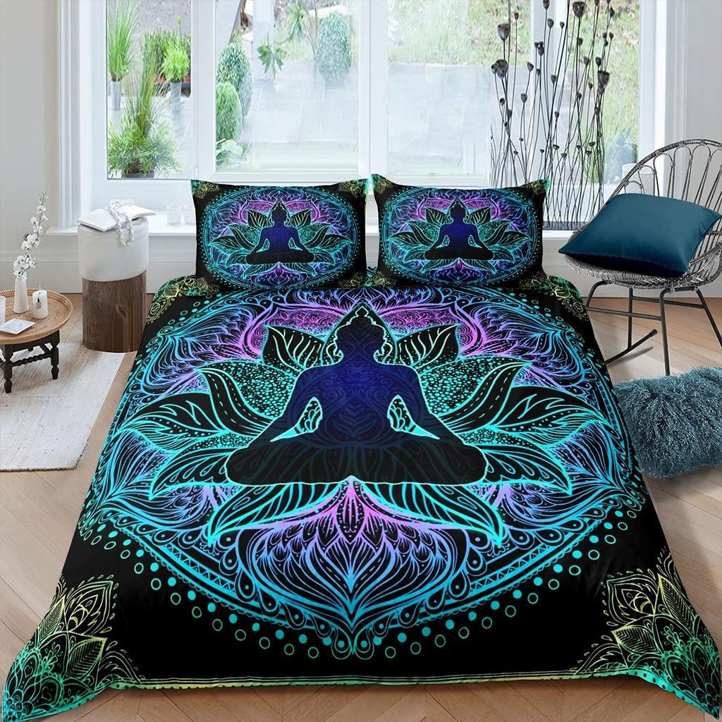 Yoga Duvet Cover Set King Size,Chakra Meditation Bedding Set, Mandala Comforter Cover Boho Hippie Style With Chakra Art Print