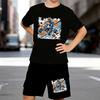 Boys 2 Piece Extreme Sports Themed Printed Outfit, Short Sleeve T-Shirt and Shorts Set for Kids Age 5-14,Black and White Sporty Casual Summer Clothes