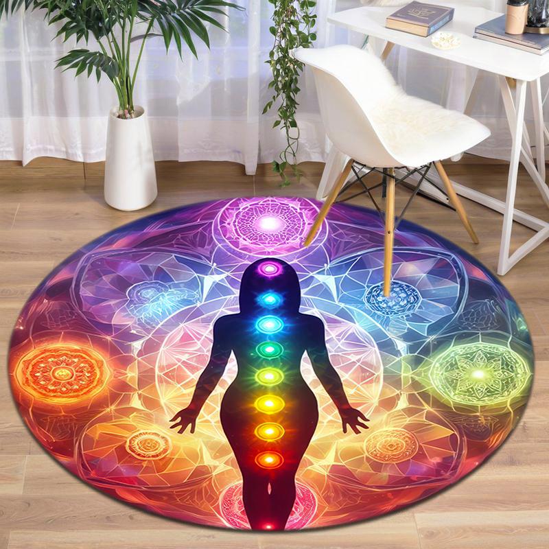 1Pc Chakras Theme Printed Circular Carpet, Home Door Mat, Outdoor Travel Protection Carpet A2