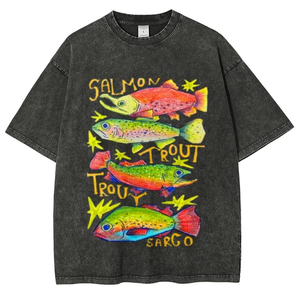Women Washed Vintage Funny Fish Graphic Print T Shirts Men Casual Fashion Short Sleeve Tshirt Male Cotton Oversized Tops S разноцветный