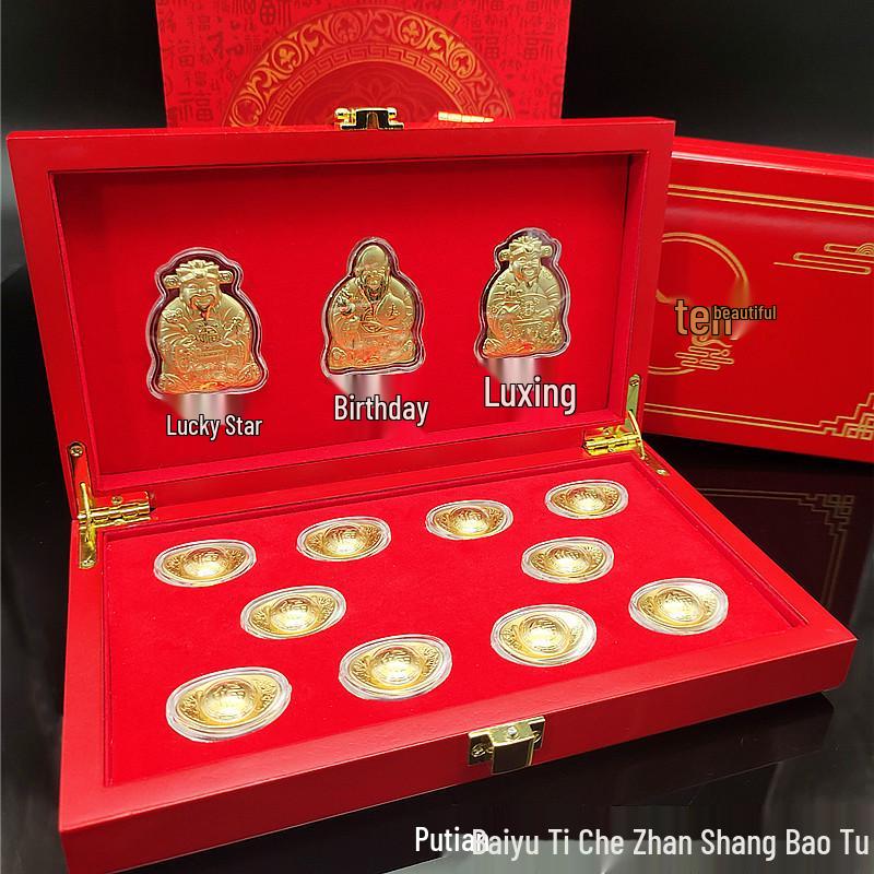 Gold Foil Fukurokuju Ornament Set: Three-Way God of Wealth with Dragon, Phoenix & Gold Ingots for Auspicious Home Decoration