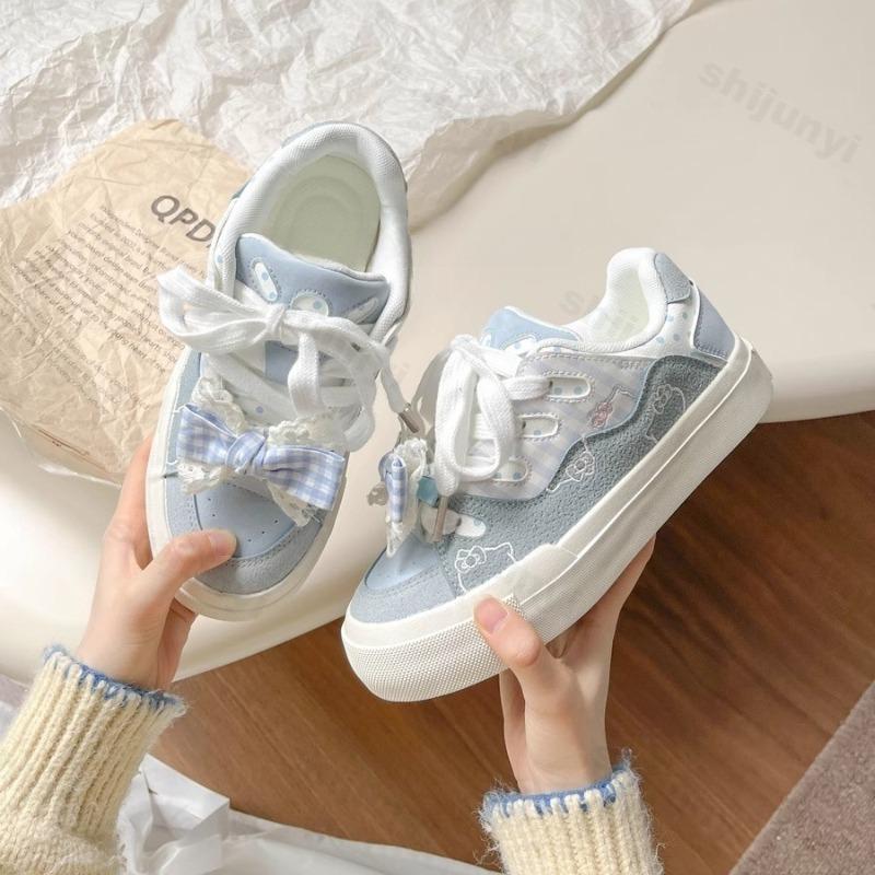 Fashion Cute Bow Knot Board Shoes Women 2025 Spring Autumn New Platform Student Casual Shoes Comfortable Height Increase Lace Up Flats