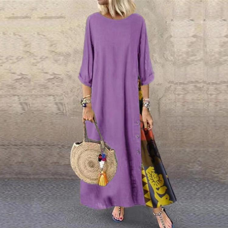 Abito da Donna Floreale Vintage Manica 3/4 Girocollo Patchwork di Colore Bottone