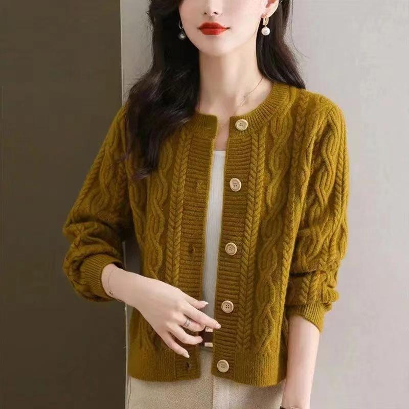 Autumn and winter fashion temperament solid color twist twisted round neck women's elegant lazy style retro knitted cardigan sweater