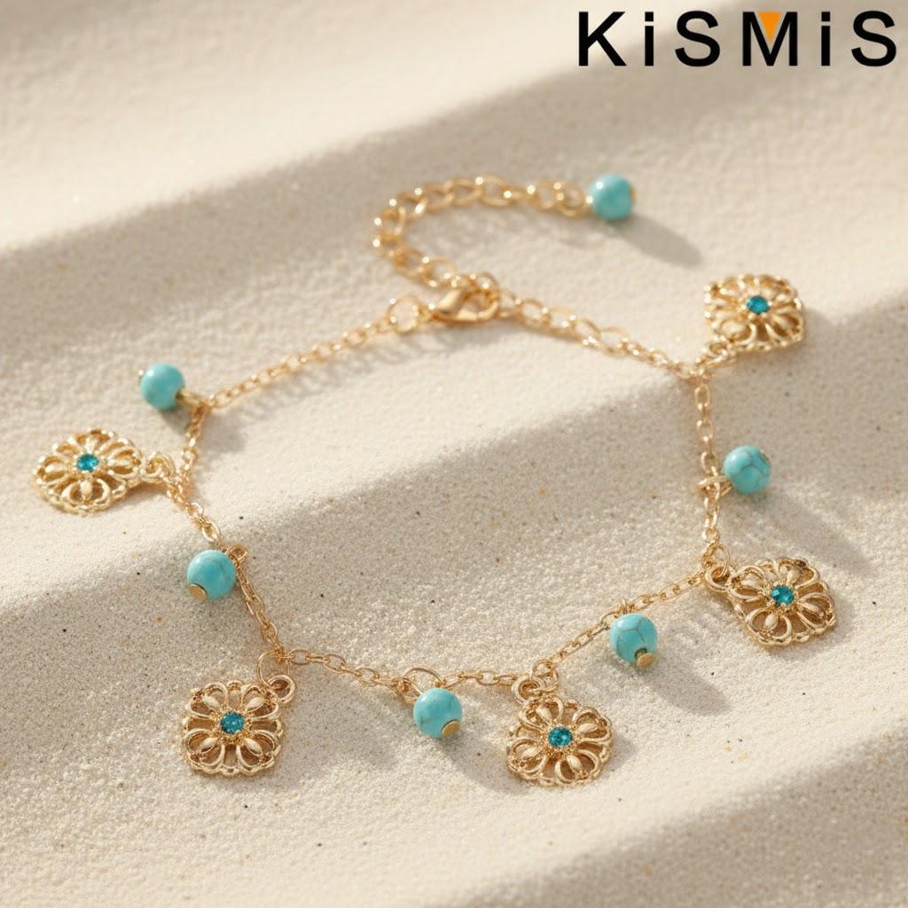 

2Pcs Set Summer Ankle Bracelet Anklet Blue Imitation Turquoise Pearl Jewelry for Women Girls Fashion Accessories золотой