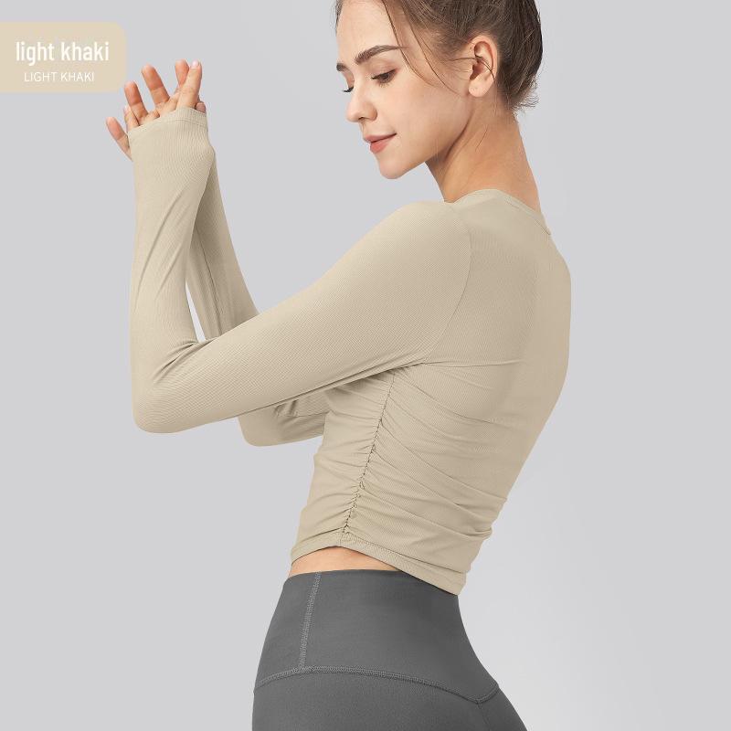 Dámsky top na jogu s dlhým rukávom slim fit – Rýchloschnúci, priedušný, plisované fitness tričko na jeseň