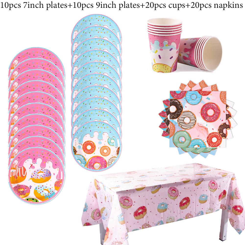 Donut Themed Birthday Tableware Set Pink Donuts Paper Napkin Plate Cup Tablecloth Donut Grow Up Birthday Party Baby Shower Decor