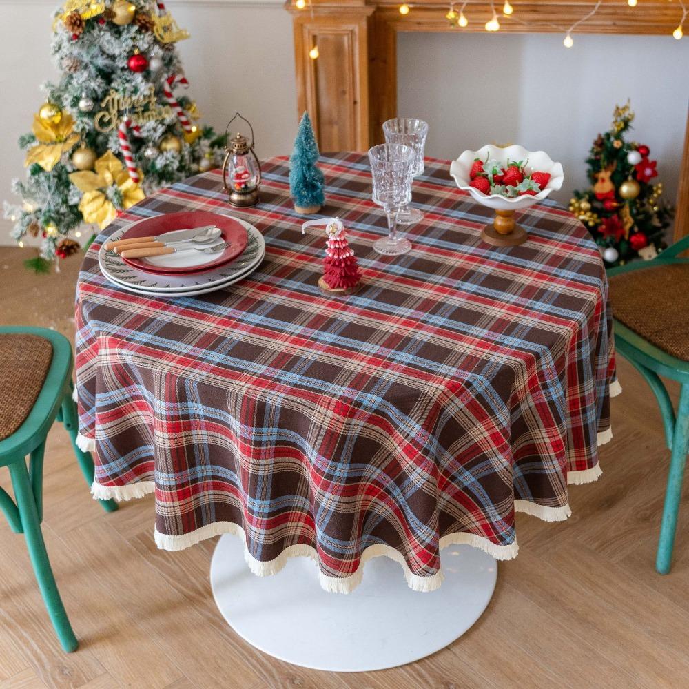 Christmas Tablecloth Vintage Striped Checkered Cotton Linen Dining Party Decor