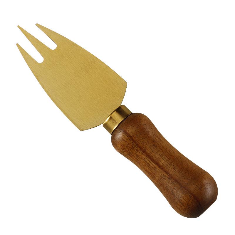 Stainless Steel Gold Cheese Knife with Acacia Wood Handle, Fork, and Spatula Utensils Set