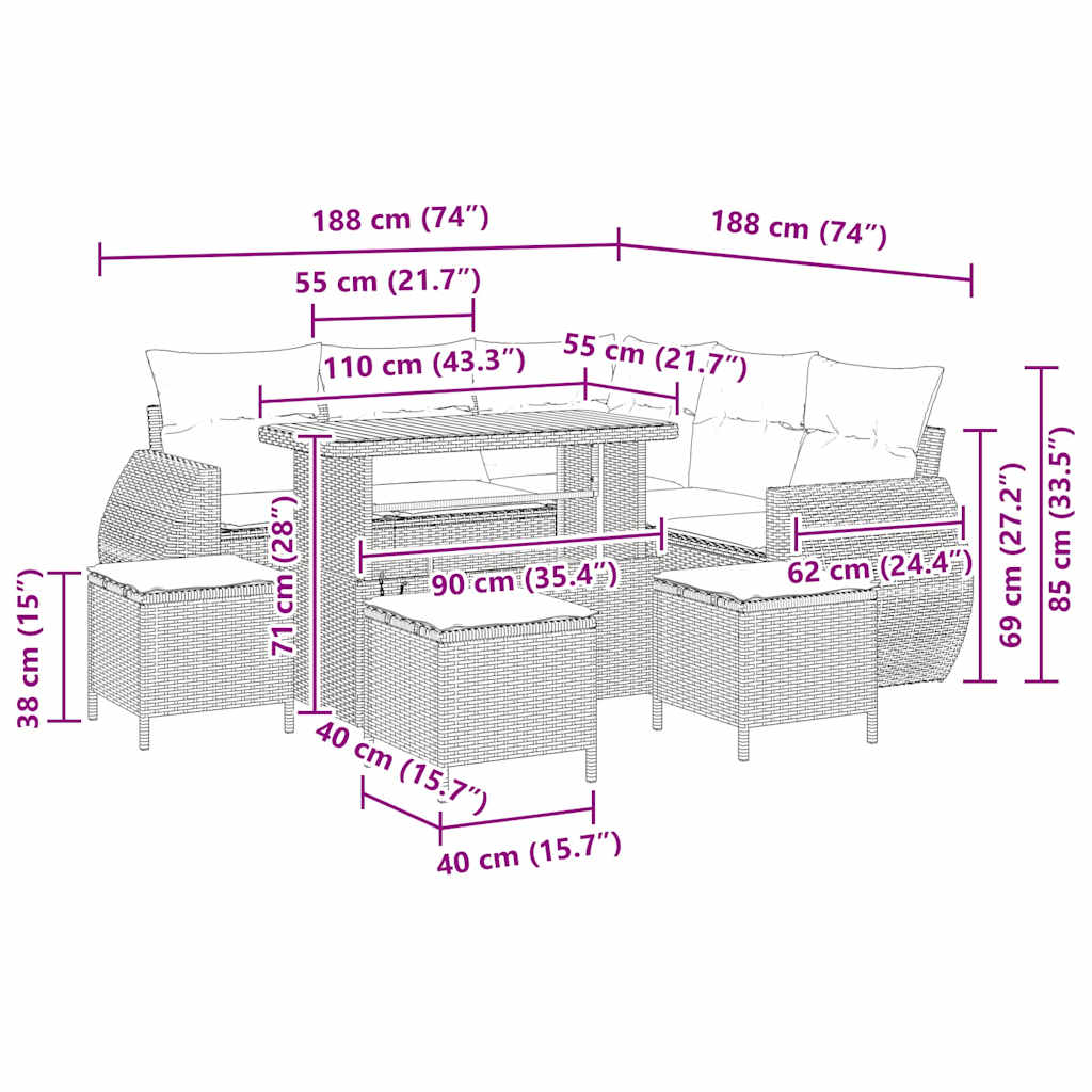 9 Piece Garden Sofa Set with Cushions Black and Cream Poly Rattan