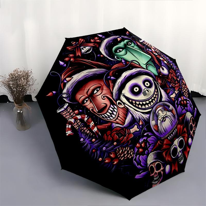 Nightmare Before Christmas, Feiertags-Horror Automatisches Öffnungs- und Schließschirm - 8 Speichen Tragbarer Faltregenschirm mit Kunststoffgriff, Su