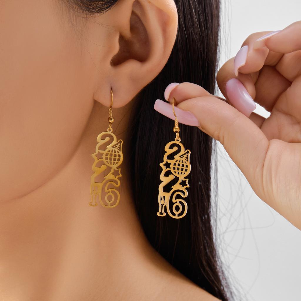 2026 Number Gold Color Stars Drop Earrings for Women Geometric Dangle Hanging Earrings Party New Year Jewelry Gifts