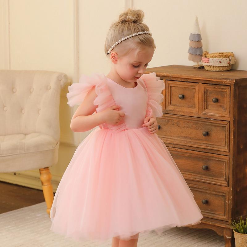 Little Girls Princess Tulle Flying Sleeve Flower Girl Party Performance Dress Gown