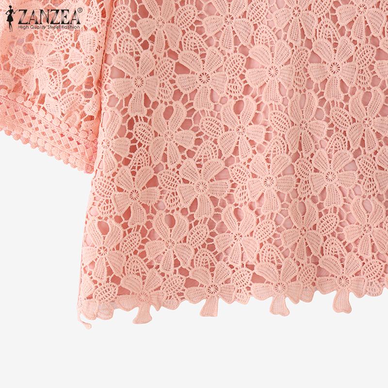 ZANZEA Women Summer V-Neck Short Sleeve Casual Lace Patchwork Blouse