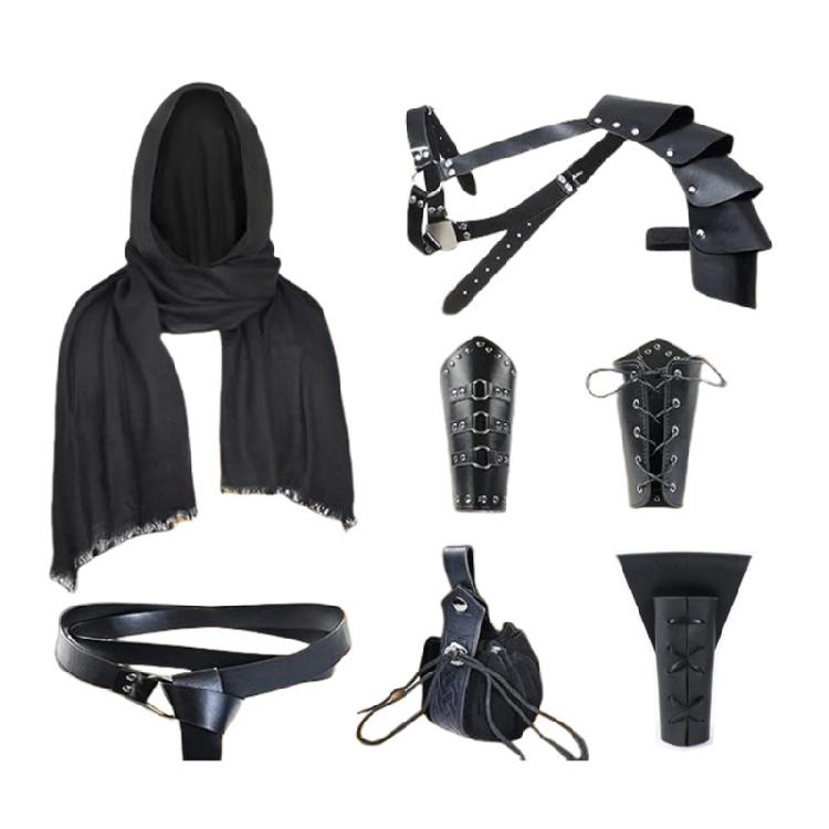 Medieval Costume Set for Men Includes Faux Leather Belt Shoulder Armors Bracers and Shawl Scarf for LARP and Festivals