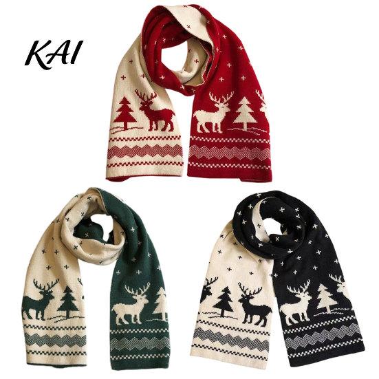 Decorative Festive Winter Scarf Knitted for Women, Reversible Fair Isle Snowflake Reindeer Thermal Wind Resistant Scarf, Soft Warm Long Wrap Christmas
