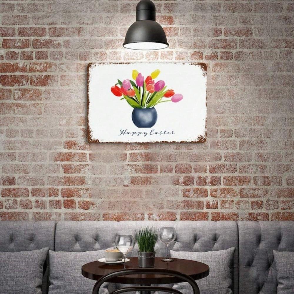 Vintage Tin Sign Rusted Metal Wall Decor Easter Spring Tulips Garden Home Hanging Art