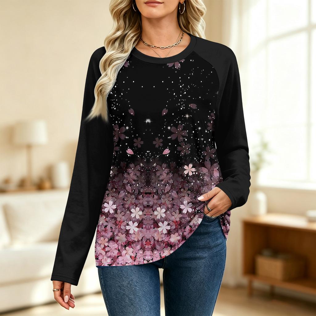 Women's Printed Colorblock Raglan Sleeve Neck Long Sleeve Sweatshirt