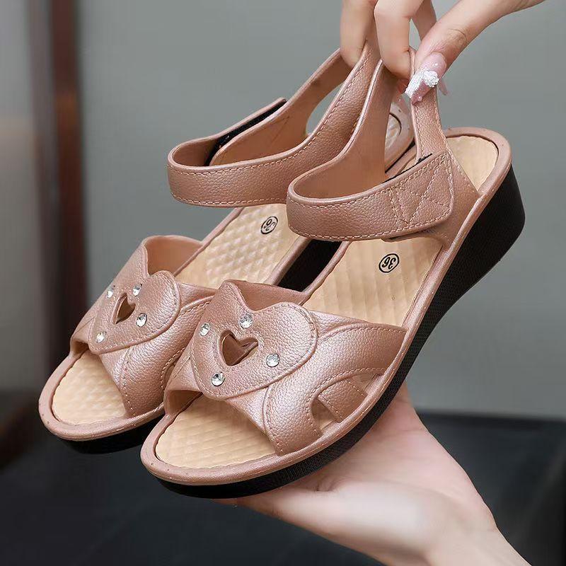 Damen Sandalen mit flachem Absatz für mittleres und älteres Alter Sommer Neu Weiche Sohle Rutschfest Leicht Wasserdicht Klettverschluss Offene Zehenpartie Sandalen