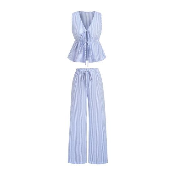 Women s Striped 2 Piece Outfits Tie Front Ruffle Tank Top And Wide Leg Pants Sets Summer Casual Sleeveless Lounge Sets S