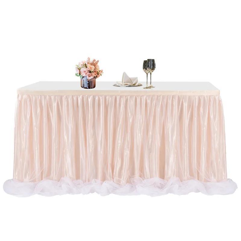 Tulle table skirt high-end gold-rimmed mesh wedding New Year's party decoration hotel supplies mesh table skirt table cover