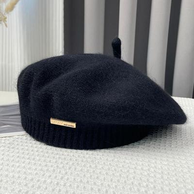 Cappello basco in pelo di coniglio per donna autunno inverno coreano grigio cappelli da pittore retrò logo in ferro filato germoglio berretti