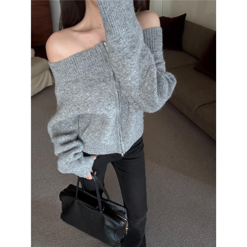New Off-shoulder Elegant Long Sleeve Zipper Sweater Fashion Simple Autumn Women Cardigan Loose Knitwear Top Casual Sexy Slim Casual Knitted Clothes