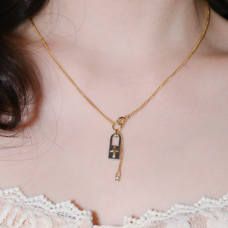 reve lock & cross two-tone drop necklace