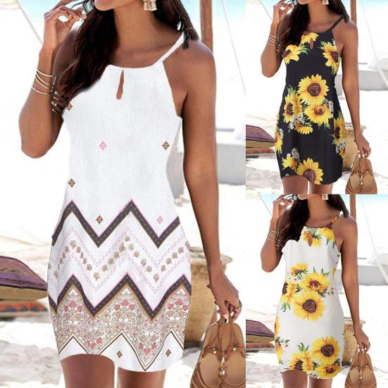 Damen Sommer Sexy Ärmellos Sonnenblume Wellenförmiges Sommerkleid Neckholder Party Strandkleid