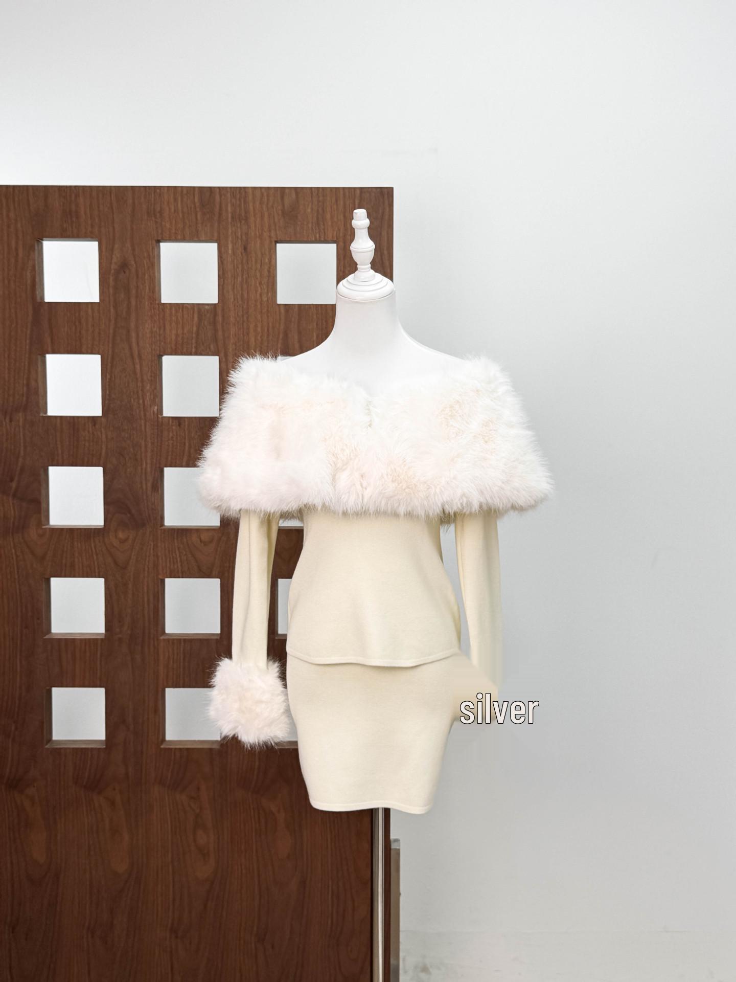 

Eco-Friendly Fur Collar Knit Set: One-Shoulder Top & Hip-Hugging Skirt for Women - Autumn/Winter Collection Small грязно-белый