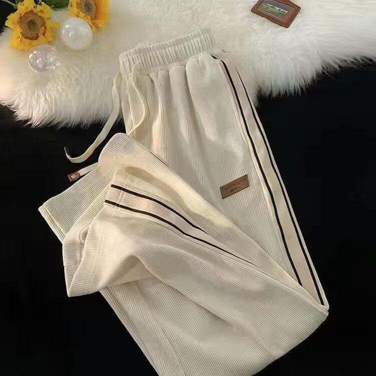 Autumn Winter Fleece-Lined Loose-Fit Straight-Leg Casual Trousers for Men and Boys Trendy Sports Casualtrousers High Street