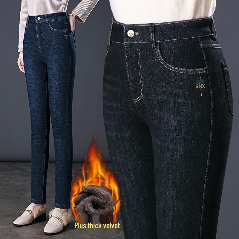 Winter Plus Velvet High-Waist Denim Jeans for Moms - Thick, Warm, Large Size Cotton Pants