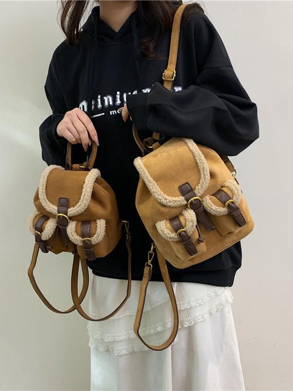 2025 Autumn/Winter Women's Retro Lambswool Color Block Handbag Backpack