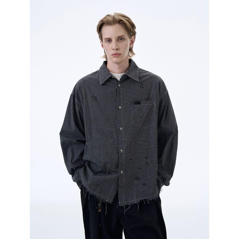 Kisko American Retro Classic Plaid Frayed Lazy Long-Sleeve Shirt Unisex Design Loose Shirt Jacket