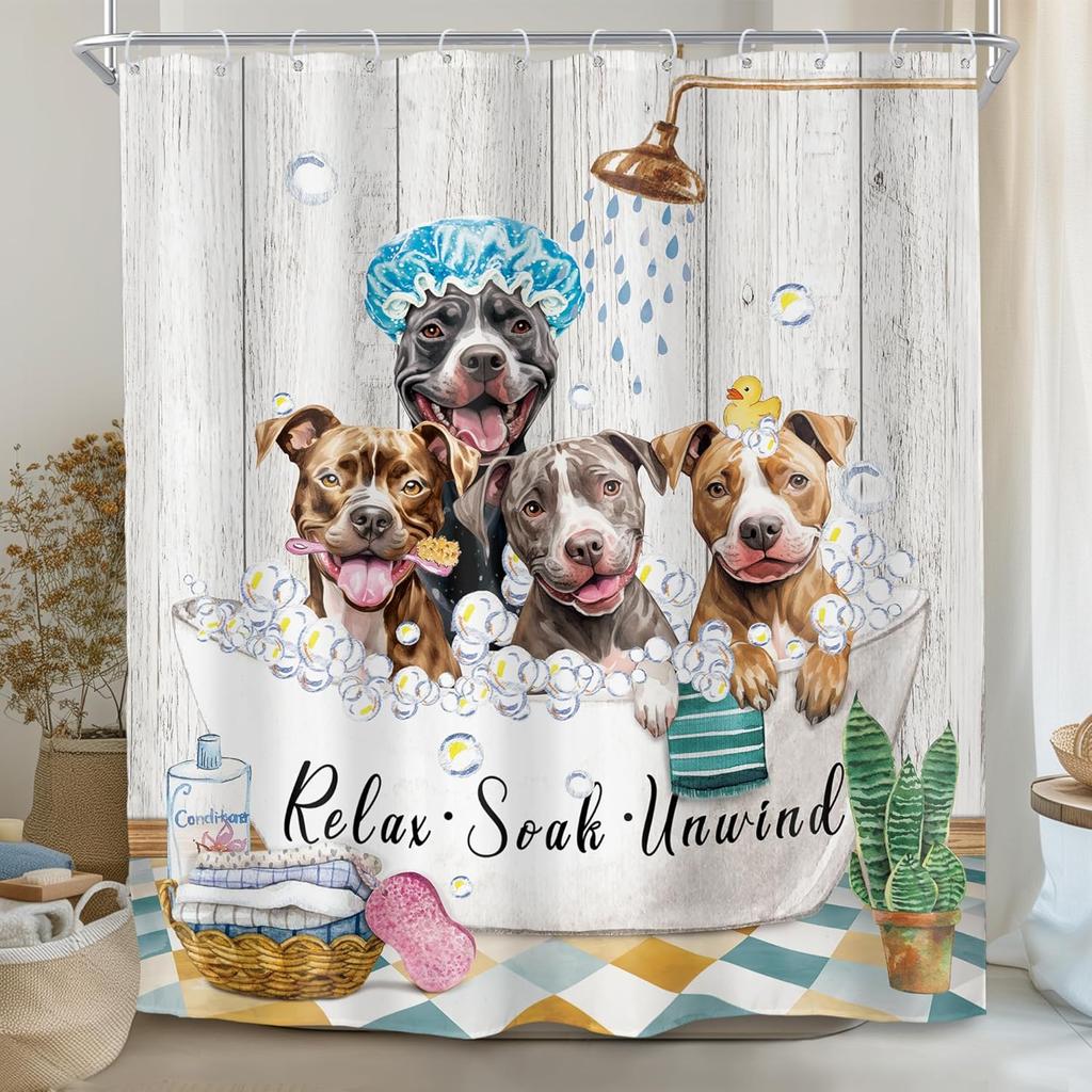 Cute Cat And Dog Shower Curtain, Cartoon Corgi Pet Pattern Fabric Bath Decor With 12 Hooks For Kids Bathroom Bathtub, 1Pc